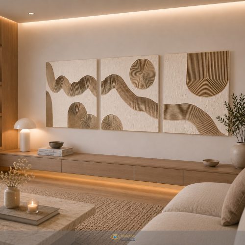 Picture 2 تابلو دیواری سهتکه مینیمال با رنگهای کرم و بژ الهام گرفته از طبیعت