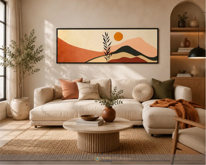 تابلو منظره آبستره افقی با طراحی مینیمال کوهستان و رنگ‌های خاکی گرم