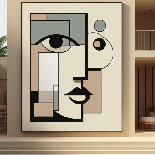 تابلو مدرن چهره مینیمال با سبک کوبیسم روی بوم
